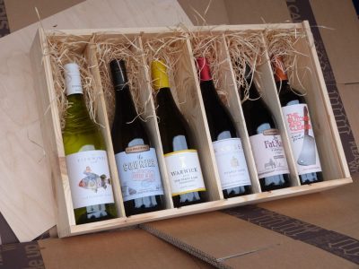 Geschenkdoos 6 flessen wijn hout Cape & Grapes